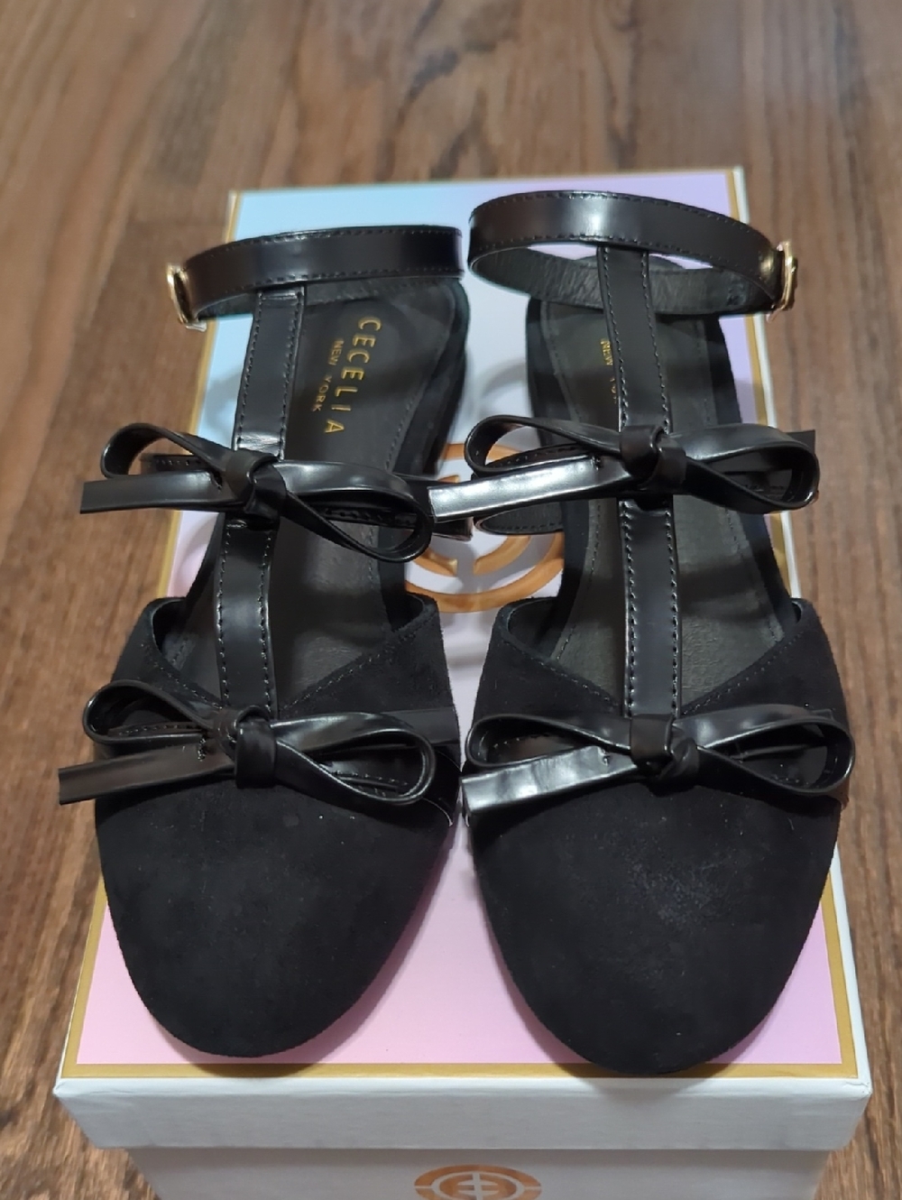 CECELIA NEW YORK Black Bow T-Strap Heels